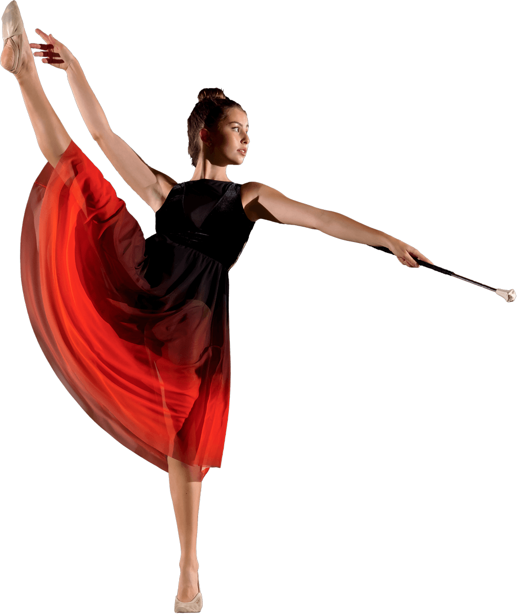 Twirlerin in langem Kleid zeigt Ballettübung